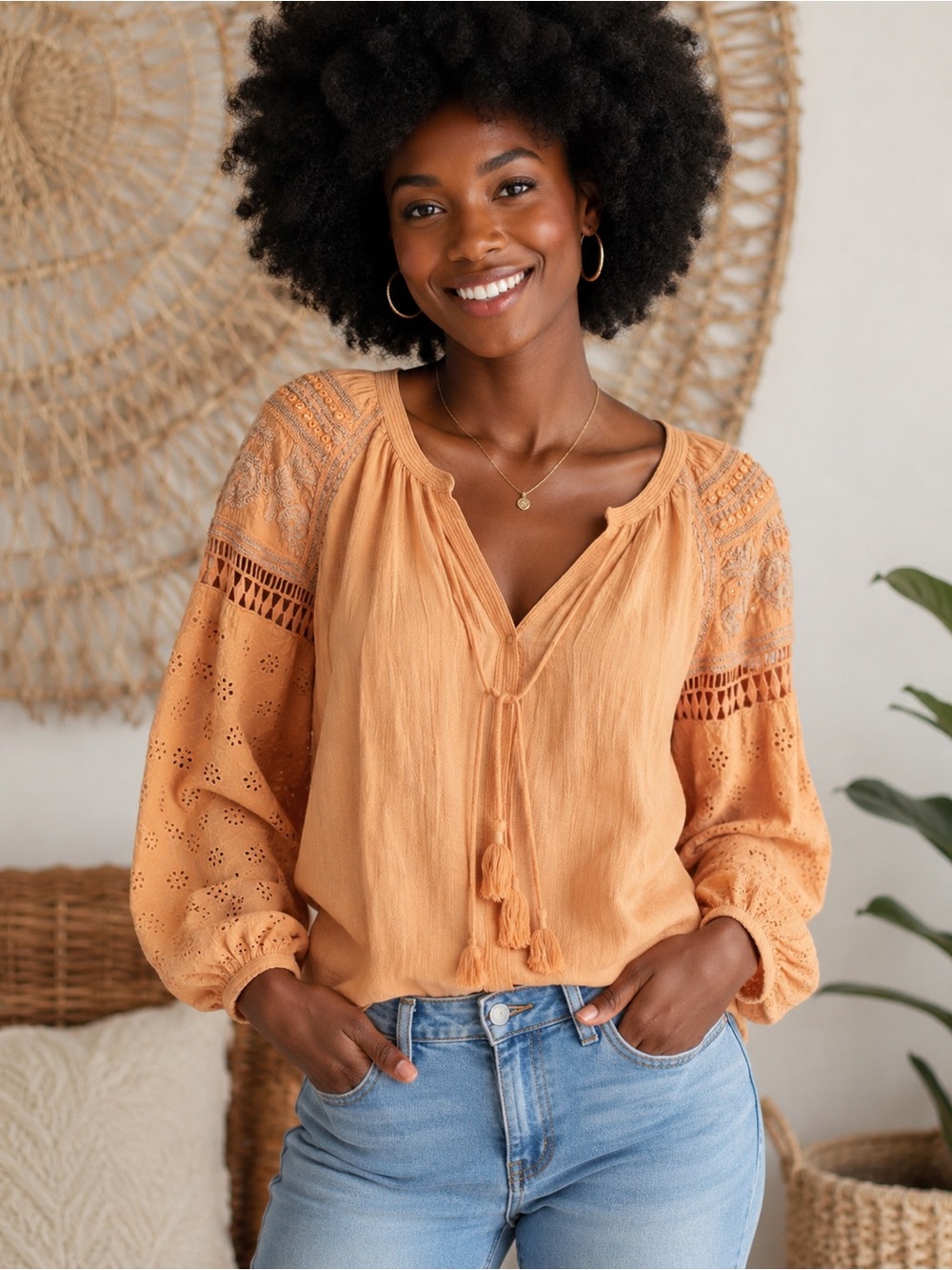 Artelier Nicole Miller Orange Embroidered Peasant Blouse, size Small